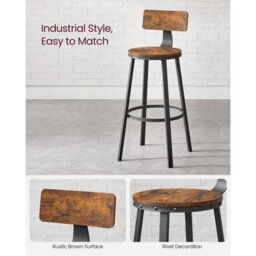 Bar Stools, Set Of 2 Tall Bar Chairs With Backrest, Kitchen Stools, Steel Frame, High Seat, Easy Assembly, Rustic Brown - thumbnail 6