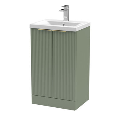 Balterley 500mm Satin Green Fluted Floor Standing Vanity With Basin, 2 Doors & Brushed Brass Handles - image 1