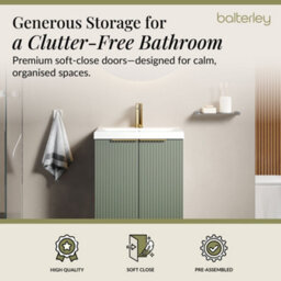 Balterley 500mm Satin Green Fluted Floor Standing Vanity With Basin, 2 Doors & Brushed Brass Handles - thumbnail 3