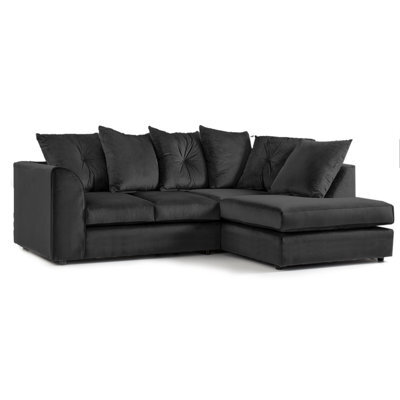 Furnishings For Less UK Fernando Soft Plush Velvet 3 To 4 Seater L Shaped Corner Sofa Black Right Hand Facing - Scatter Back