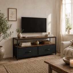 Wyld Haus Lelo 98Cm Rustic Brown And Black Tv Stand With 2 Foldable Fabric Drawers For Tvs Up To 47 Inches - thumbnail 1