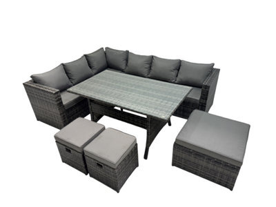 Fimous Outdoor Pe Rattan Sofa Set With Dining Table Patio Garden Furniture Sets With 3 Stools Dark Grey Mixed - image 1