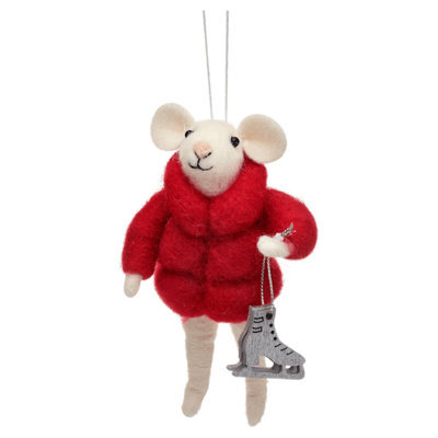 Sass & Belle Christmas Felt Mouse On Skates Hanging Tree Decoration, Red, 7 X 12 X 4 Cm