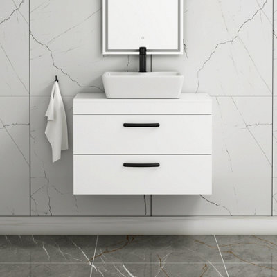 Royal Bathrooms 800mm Wall Hung Vanity Unit 2 Drawer Gloss White & Cube Countertop Basin With Matt Black Handle - image 1