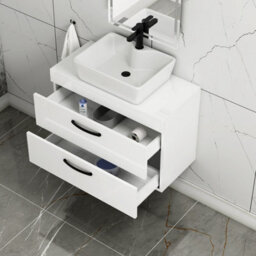 Royal Bathrooms 800mm Wall Hung Vanity Unit 2 Drawer Gloss White & Cube Countertop Basin With Matt Black Handle - thumbnail 3