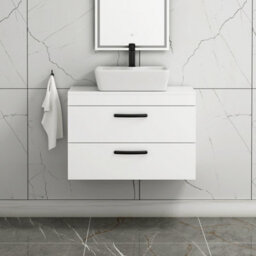Royal Bathrooms 800mm Wall Hung Vanity Unit 2 Drawer Gloss White & Cube Countertop Basin With Matt Black Handle - thumbnail 1