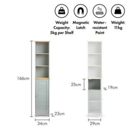 Grey Slim Tallboy Tall Bathroom Storage Cabinet 6 Internal Shelves - thumbnail 2