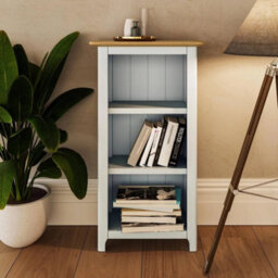 Assembled 3 Tier Oak Veneer Bookcase Linen Cream Storage Rack Display Unit - thumbnail 5