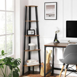 Songmics Corner Bookcase, 5 Tier Shelving Unit, Ladder Shelf Storage Unit, Plant Holder, Rustic Brown And Black - thumbnail 1