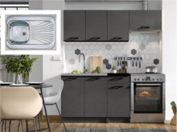 Impact Furniture Kitchen Cabinets 5 Units Set With Sit On Sink Black Grey Complete Kitchenette 180Cm Diy Fitted Package With Worktop Lina - thumbnail 1
