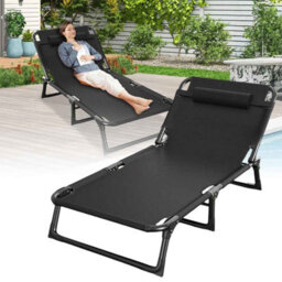 Folding Reclining Sun Lounger, Adjustable Garden Chair, Black. - thumbnail 1