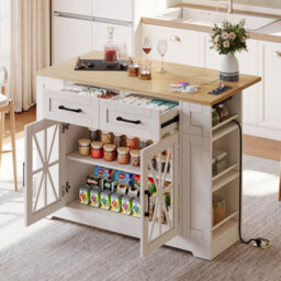 Btm Kitchen Island Cart With Drop Leaf, Ac Socket And Usb, Glass Door, 120X65X92Cm