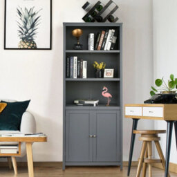 Wooden Tall Bookcase 3-Tier Shelving Storage Cabinet 2 Doors Display Organizer - thumbnail 6