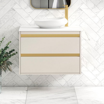 Royal Bathrooms Orion 800mm Warm Taupe Wall Hung Plain White Countertop Vanity Unit 2 Drawer With Nova Basin & Brushed Brass Accent Trim - image 1