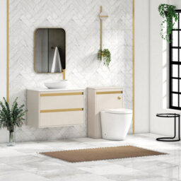 Royal Bathrooms Orion 800mm Warm Taupe Wall Hung Plain White Countertop Vanity Unit 2 Drawer With Nova Basin & Brushed Brass Accent Trim - thumbnail 3