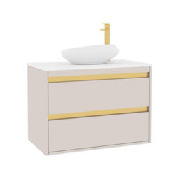 Royal Bathrooms Orion 800mm Warm Taupe Wall Hung Plain White Countertop Vanity Unit 2 Drawer With Nova Basin & Brushed Brass Accent Trim - thumbnail 6
