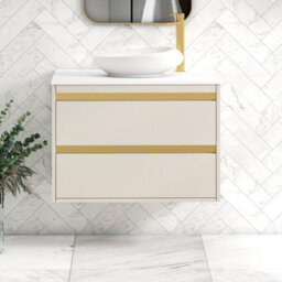 Royal Bathrooms Orion 800mm Warm Taupe Wall Hung Plain White Countertop Vanity Unit 2 Drawer With Nova Basin & Brushed Brass Accent Trim