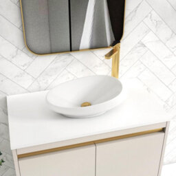 Royal Bathrooms Orion 800mm Warm Taupe Wall Hung Plain White Countertop Vanity Unit 2 Drawer With Nova Basin & Brushed Brass Accent Trim - thumbnail 5