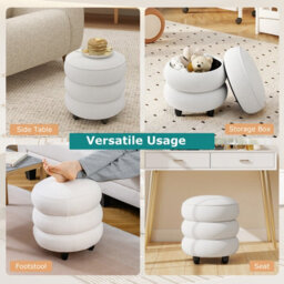 Gainoom 20 L Modern Round Storage Ottoman 40 X 44 Cm Chenille Footstool With Removable Lid & Rubberwood Legs - thumbnail 5