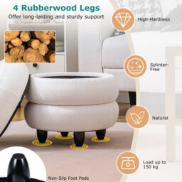 Gainoom 20 L Modern Round Storage Ottoman 40 X 44 Cm Chenille Footstool With Removable Lid & Rubberwood Legs - thumbnail 6
