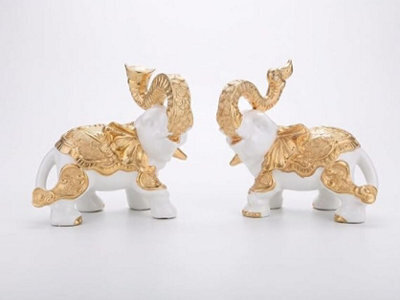 Biznest Set Of 2 Ceramic Trunk Up Elephant Figurines White - Gold Home Decorative Animal Ornament Table & Shelf Display
