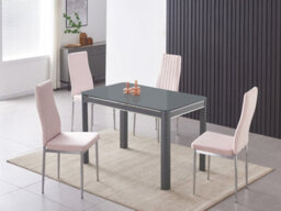 Furnizone UK Milano 4-Seater Grey Glass Dining Table And 4 Monza Pink Velvet Chairs