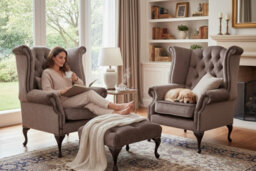 Chesterfield 2 X Wing Chairs + Footstool Harmony Charcoal Velvet In Queen Anne Style - thumbnail 2