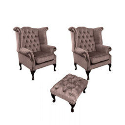 Chesterfield 2 X Wing Chairs + Footstool Harmony Charcoal Velvet In Queen Anne Style - thumbnail 1