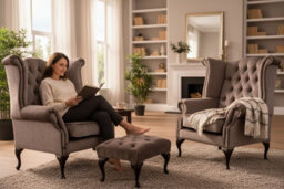 Chesterfield 2 X Wing Chairs + Footstool Harmony Charcoal Velvet In Queen Anne Style - thumbnail 3