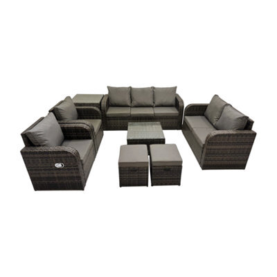 Fimous 3 Seater Sofa Reclining Chair Coffee Table Set Rattan Garden Furniture Set With Side Table 2 Small Stool Dark Grey Mixed - image 1