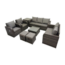 Fimous 3 Seater Sofa Reclining Chair Coffee Table Set Rattan Garden Furniture Set With Side Table 2 Small Stool Dark Grey Mixed - thumbnail 2