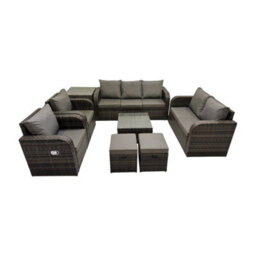 Fimous 3 Seater Sofa Reclining Chair Coffee Table Set Rattan Garden Furniture Set With Side Table 2 Small Stool Dark Grey Mixed - thumbnail 1