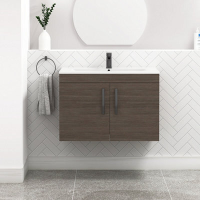 Royal Bathrooms Turin Grey Elm 800mm Wall Hung Vanity Unit 2 Door With Minimalist Basin Sink & Matt Black Handles - image 1