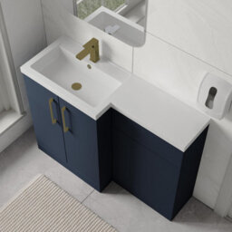 Balterley Left-Hand Bathroom Vanity And Wc Unit Combination With Basin - 1100mm - Satin Dark Blue With Brushed Brass Handles - thumbnail 3