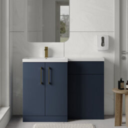 Balterley Left-Hand Bathroom Vanity And Wc Unit Combination With Basin - 1100mm - Satin Dark Blue With Brushed Brass Handles - thumbnail 2