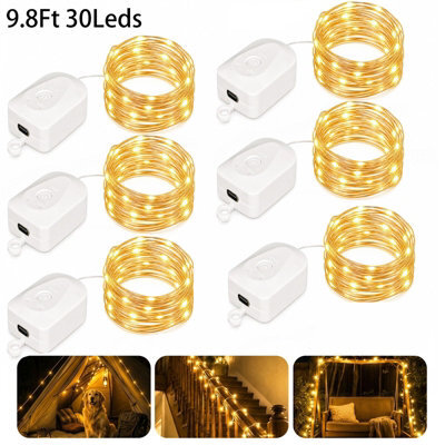 Amorly 6 Pack Fairy Lights Battery Operate,9.8 Ft Rechargeable Lights Modes, Bedroom, Living Room, Yard, Camping & Party Decor Warm White - image 1