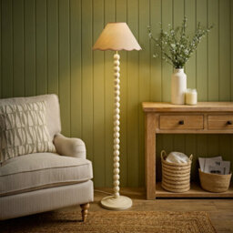 Valuelights Bobbin Pink Trim Linen Shade Cream Bobble Floor Lamp