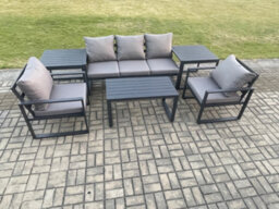 Fimous Aluminium Garden Furniture Set Patio Lounge Sofa With Oblong Coffee Table 2 Armchairs 2 Side Table Dark Grey - thumbnail 2