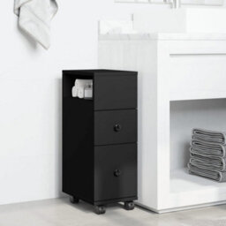 Vidaxl Narrow Bathroom Cabinet With Wheels Black Engineered Wood - thumbnail 3