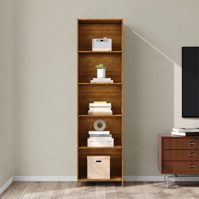 Darphe 5 Tier Open Bookcase Moso Bamboo Mdf Wood Colour Slim Profile Storage Shelf - image 1