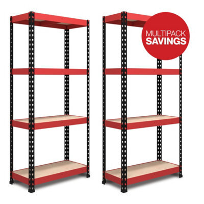 RB UK Rb Boss Garage Shelving Unit Fastlok 4 Shelf Mdf Red & Black Powder Coated Steel (H)1600mm (W)750mm (D)350mm, Pack Of 2 - image 1