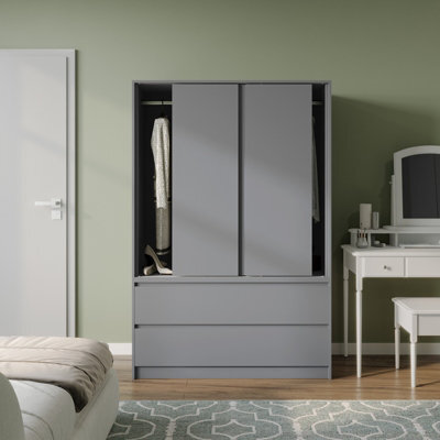 Urbn-Living Urbnliving 180Cm Height Grey Carcass 3 Sliding Grey Door With 4 Grey Drawer Wardrobe Clothes Storage Hanging Rail Bedroom - image 1