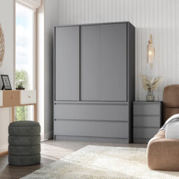 Urbn-Living Urbnliving 180Cm Height Grey Carcass 3 Sliding Grey Door With 4 Grey Drawer Wardrobe Clothes Storage Hanging Rail Bedroom - thumbnail 2