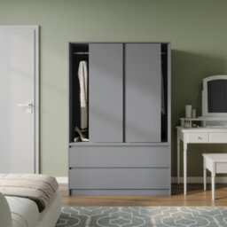 Urbn-Living Urbnliving 180Cm Height Grey Carcass 3 Sliding Grey Door With 4 Grey Drawer Wardrobe Clothes Storage Hanging Rail Bedroom - thumbnail 1