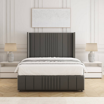 Bsspoke Elise Divan Bed Set Grey Plush Velvet 54Inch Wingedback Headboard & Footboard & Mattress No Drawers In All Sizes - image 1