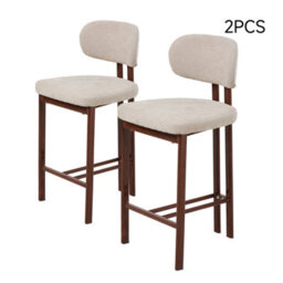 Living And Home Set Of 2 Beige Chenille Upholstered Bar Stools With Metal Legs & Footrest - thumbnail 1