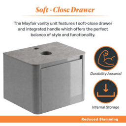Plum&clay Mayfair Gloss Light Grey Wall Hung Bathroom Vanity Unit With Grey Marble Countertop (W)650mm (H)406mm - thumbnail 4