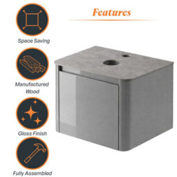 Plum&clay Mayfair Gloss Light Grey Wall Hung Bathroom Vanity Unit With Grey Marble Countertop (W)650mm (H)406mm - thumbnail 6