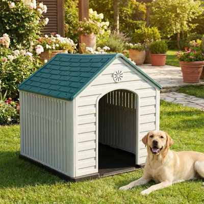 Costway Large Plastic Dog House Indoor Outdoor Doggy Kennel With Air Vents-Dark Blue - image 1