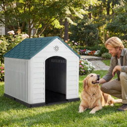 Costway Large Plastic Dog House Indoor Outdoor Doggy Kennel With Air Vents-Dark Blue - thumbnail 3